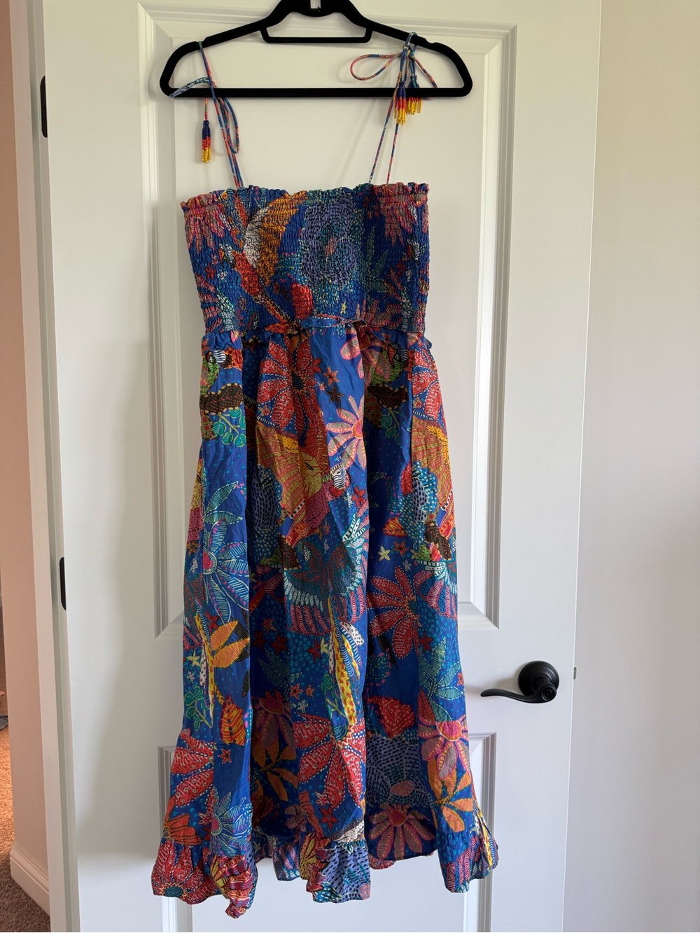 FARM Rio for Anthropologie Blue Tropical Floral Smocked Midi Dress Size Large - Picture 5 of 5